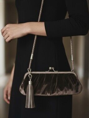 Charles David Taupe Velvet Evening Clutch with Tassel Strap